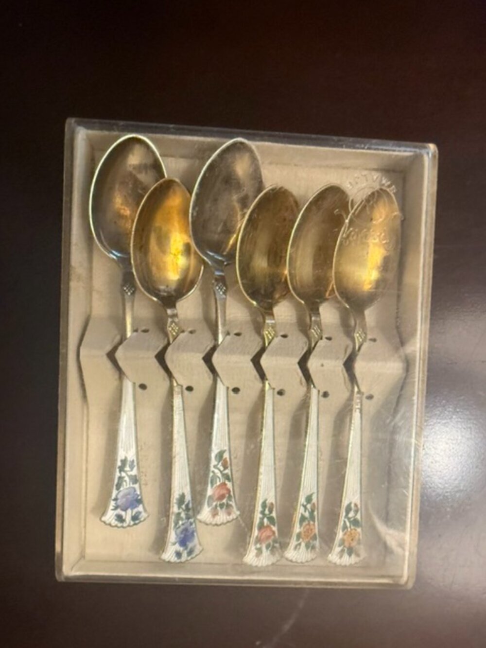 Set of 6 Norway Aksel Holmsen Sterling 925 Gold Wash Enamel Floral Spoons 3-7/8"
